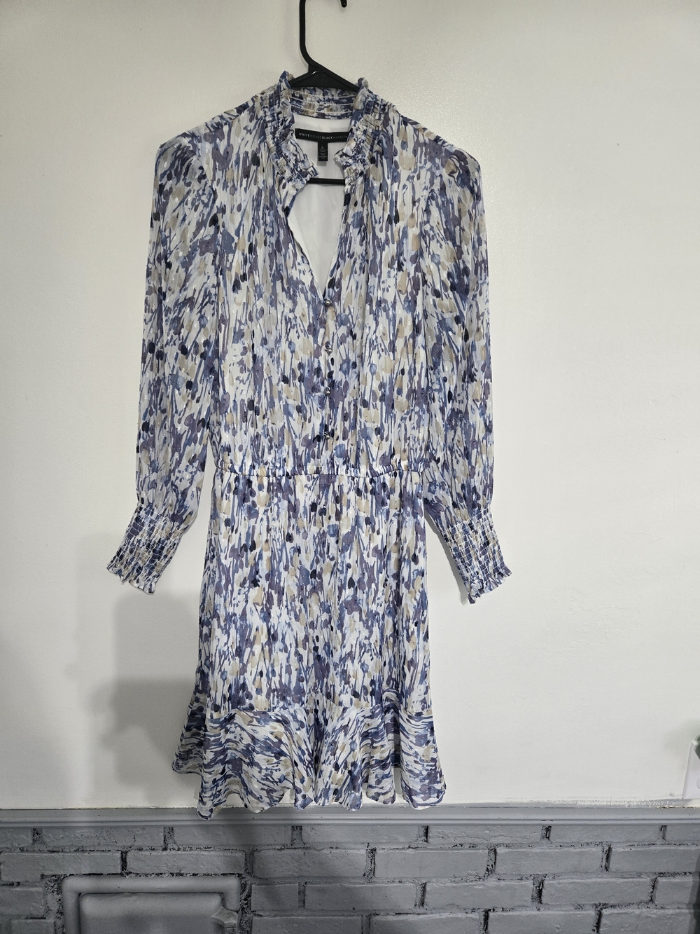 White House Black Market Blue Cream Printed Long Sleeve Ruffle Dress